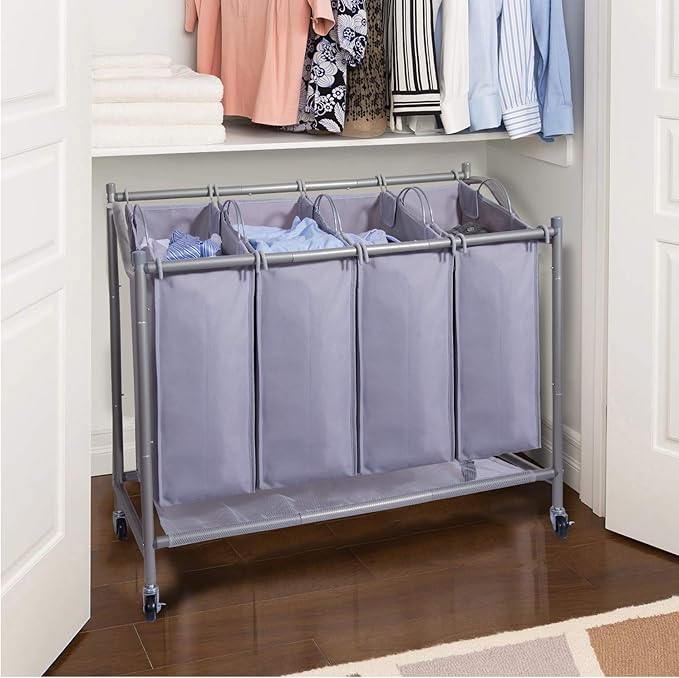 Laundry Sorter Cart 4-Bag Classics Rolling Laundry Hamper, Sturdy Frame with 60KG Weight Capacity, Gray
