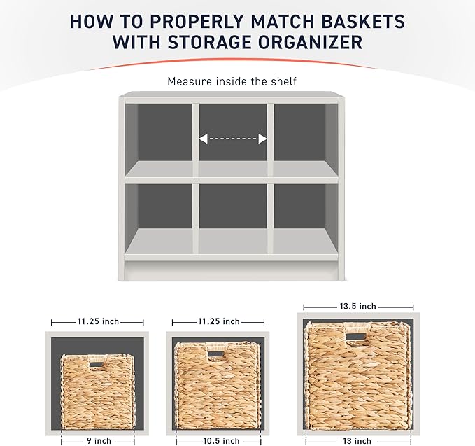 Ornavo Home 13 x 13 Inch Water Hyacinth Baskets Set of 6 – Handwoven Collapsible Wicker Storage Cube Bins with Handles for Bathroom, Bedroom, Laundry and Pantry - Natural
