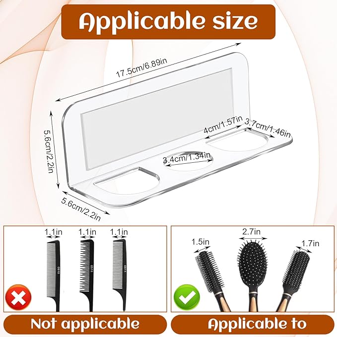 2pcs Acrylic Hair Brush Holder for Bathroom Adhesive Hair Tool Organizer Transparent Wall Mounted Comb Holder Organizer with 3 Holes No Drilling for Combs, Curling Irons, Flat Irons