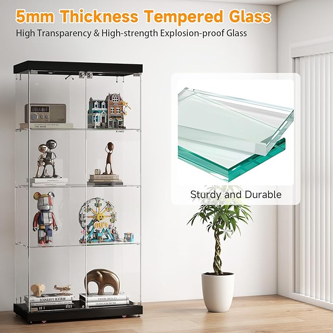 Tempered Glass Display Cabinet with Lights, 4-Tier Curio Cabinet with Glass Doors Wheels Two Locks, Glass Display Case for Collectibles for Living Room, Bedroom, Office, Black, Double Door
