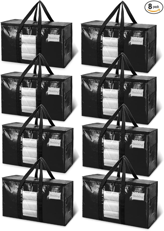 TAILI Extra Large Moving Bags, 8 Pack Black Heavy Duty Totes for Storage with Visible Window, Wrap Around Handles, Storage Bags for Space Saving, Alternative to Moving Boxes