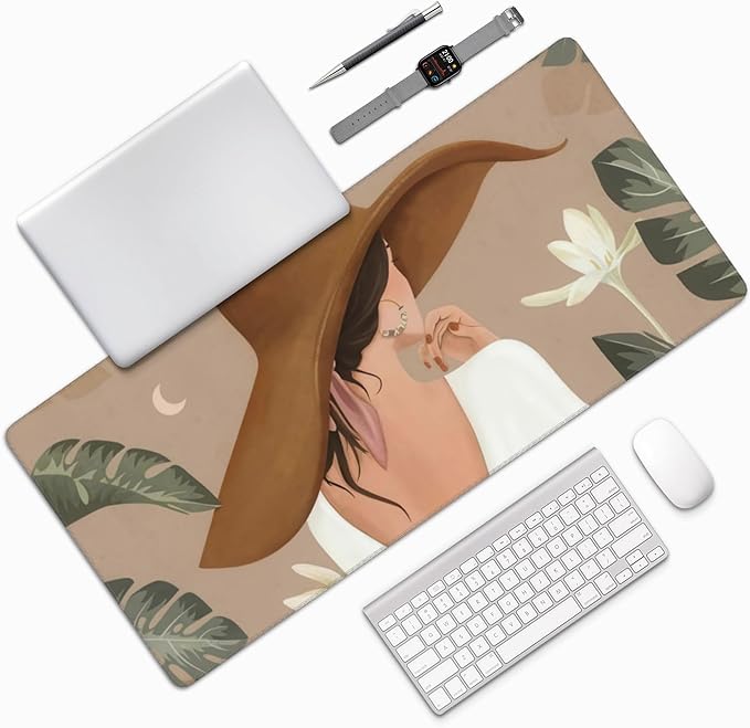 Elegant Lady Tropical Large Mouse Pad, Vintage Aesthetic Gaming Desk Mat, XXL Keyboard Desk Pad Mat for Desktop, 35.4"x15.7" Non-Slip Base Big Mousepad with Stitched Edges
