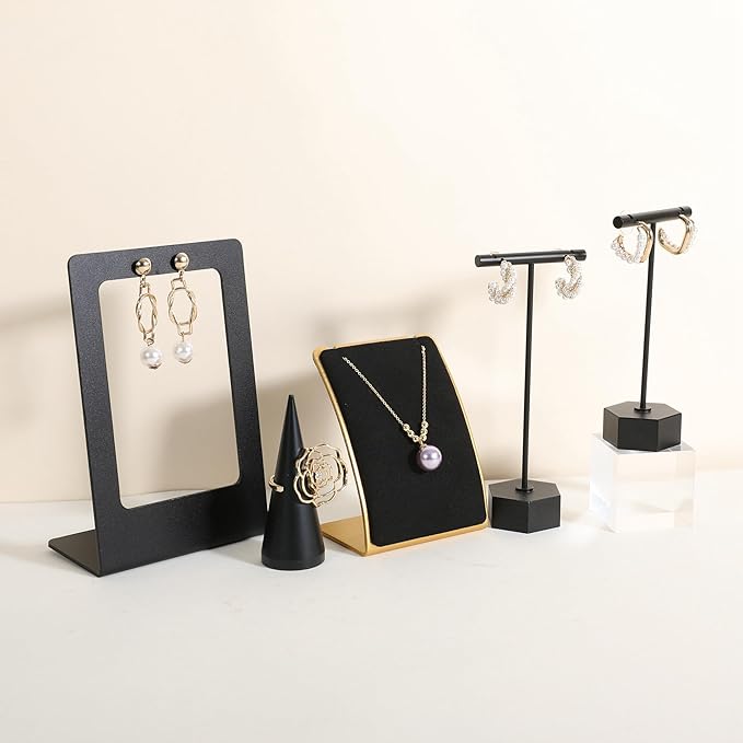 GemeShou Black Necklace display stand, Velvet Jewelry necklace display holder for selling, small metal earring neck storage organizer, online jewelry photography props【Black】
