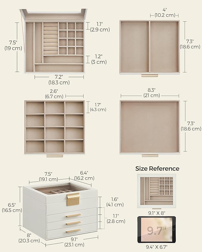 SONGMICS Jewelry Box Organizer with Glass Lid, 4-Layer Jewelry Storage, with 3 Drawers, Modern Style, Christmas Gift, 8 x 9.1 x 6.5 Inches, Cloud White and Gold Color UJBC173W01