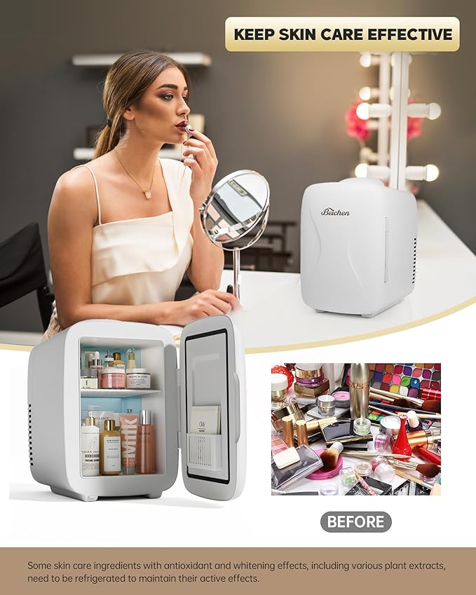Mini Fridge [Upgrade], Small Fridge Rapid Cooling 4 Liter/6 Cans Skincare Fridge, Cooler and Warmer Refrigerators for Bedroom, Cosmetics, Office and Car (White)