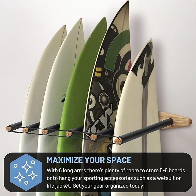 Hang 11 Vertical Surfboard Rack - Surf Racks for Wall, Sustainable Hardwood Surf Board Holder with Rubber Mat, Surfboard Wall Mount, Paddle Board & SUP Garage Storage (6 arms / 5-6 boards)