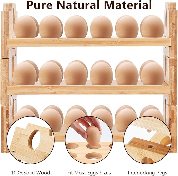 3-Tier Wooden Egg Holder - Egg Basket For Gathering Fresh Eggs, Layer Egg Tray Holder Countertop For 12 Eggs,Tier Egg Organizer For Farmhouse Kitchen Refrigerator Fits Duck, Turkey, Chicken Eggs