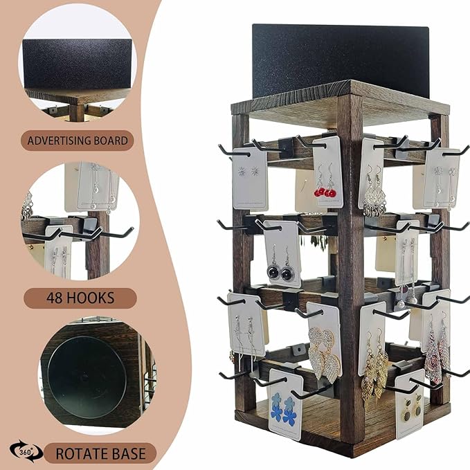 Wooden rotating Jewelry Display Stand with Removable 48 Hooks advertising board, For Earring Cards necklace bracelet Keychain Jewelry Organizer For Selling For vendor events (Dark brown)