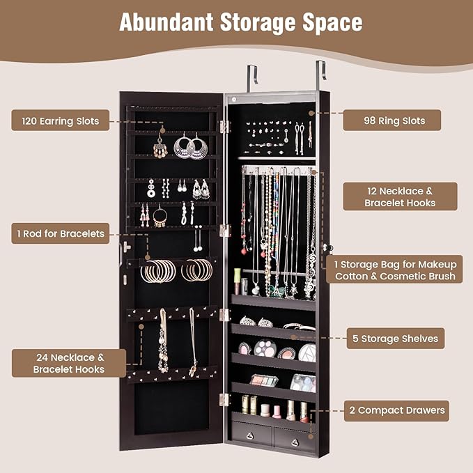 HAPPYGRILL Over the Door Jewelry Organizer, Hanging Jewelry Storage Cabinet w/Full-Length, Inner Makeup Mirror, Earring Shelves, Ring Slots, 25 Necklace Hooks, Wall Mounted Jewelry Armoire for Women
