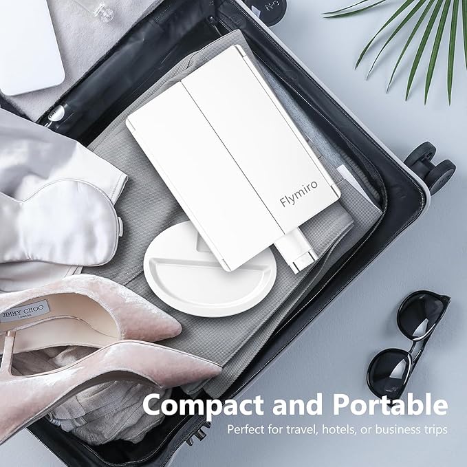 Tri-fold Lighted Vanity Makeup Mirror with 3x/2x Magnification,21 LEDs Light and Touch Screen,180 Degree Free Rotation Countertop Cosmetic Mirror,Travel (White)