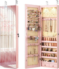 Giantex Wall Door Mounted Jewelry Armoire Cabinet with 47.5" Full Length Mirror, 2 LEDs Lockable Jewelry Organizers and Storage, Over the Door Jewelry Organizer Cabinet with 2 Drawers (Light Pink)