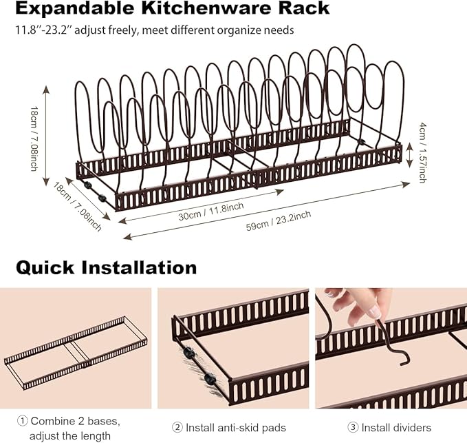 Housolution Pot and Pan Organizer Rack for Cabinet, Expandable Pot Lid Organizer with 14 Adjustable Dividers, Pan Holder Storage Rack for Kitchen Cabinet, Bronze