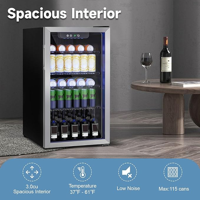 Beverage Refrigerator Cooler, 105 Can/3.0 Cubic Feet Mini Fridge with Glass Front Door, Digital Display Small Refrigerator with Adjustable Shelves for Soda, Beer or Wine