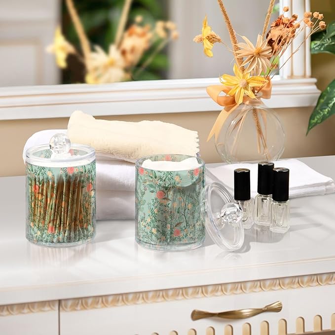 Vintage Floral Green 2 Pack Qtip Holder Dispenser for Cotton Ball, Swab, Pads - Clear Plastic Apothecary Jars with Lids for Bathroom Organizer, 10 oz