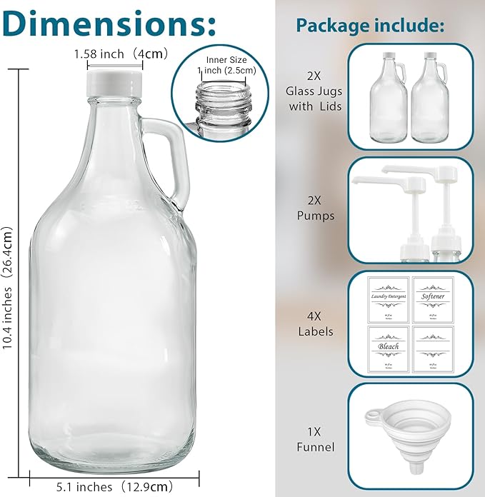 2 Pcs Glass Liquid Laundry Detergent Dispenser with Pump (Upgraded), 64 oz Dispenser for Laundry Room, Half Gallon Glass Jugs with Airtight Lid