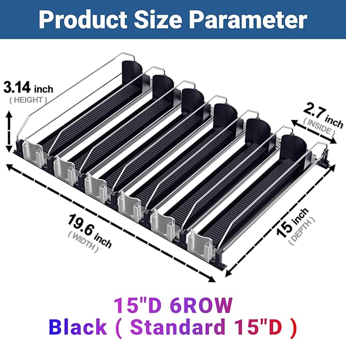 Drink Organizer for Fridge,12oz 16oz 20oz - Soda Can Dispenser for Refrigerator,Width Adjustable,Automatic Pusher Glide (Black, 15"D 6ROW, Holds 30 Cans)
