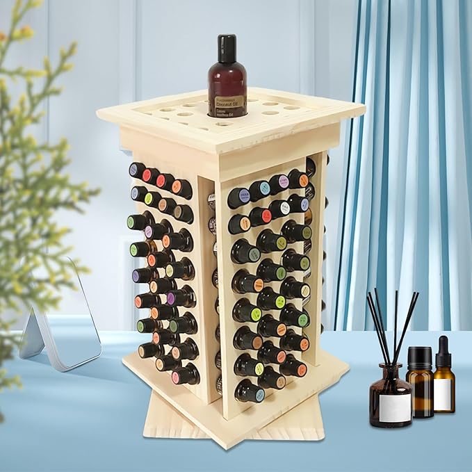 Rotating Essential Oil Rack, 104 Holes Cosmetic Display Cases, Wooden Essential Oil Bottle Storage Organizer,, Multi Layer Countertop Holder for Beauty Store, Bedroom, Store, Exhibition