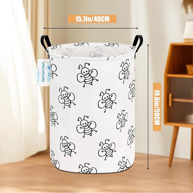 LANGYASHAN Laundry Basket Canvas Fabric Collapsible Organizer Basket for Storage Bin Toy Bins Gift Baskets Bedroom Clothes Children Nursery Hamper (Bee)
