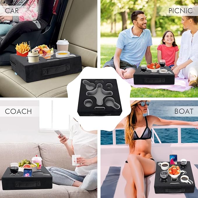Couch Cup Holder Pillow-Sofa Cup Holder Tray Caddy Cupholder for Bed, Rv, Tv, Car, Man Cave, Backseat for Remote, Drinks, Snacks (Square-Black)