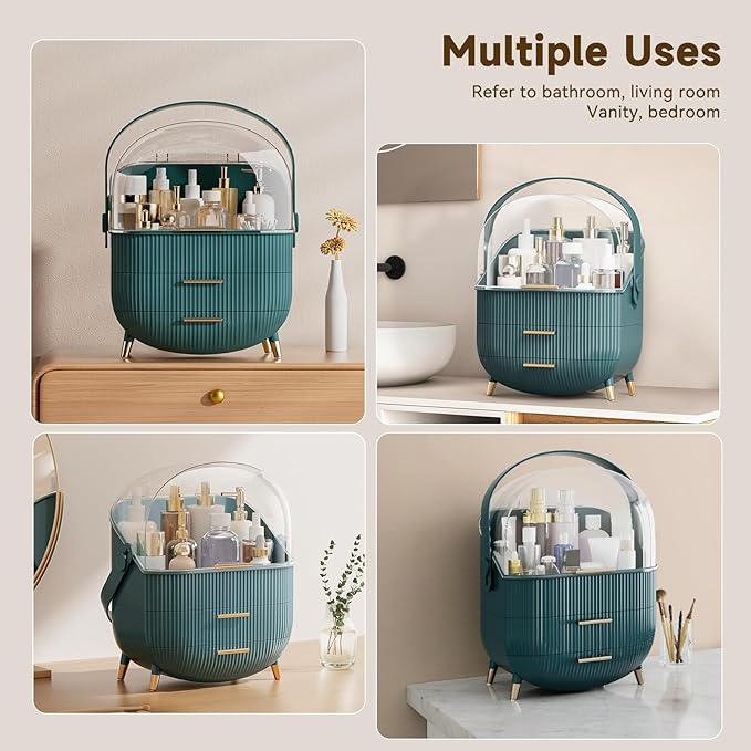 Makeup Organizers, Make Up Organizer for Vanity, Countertop Cosmetic Storage with Drawers and Transparent Cover for Bedroom Bathroom, Green