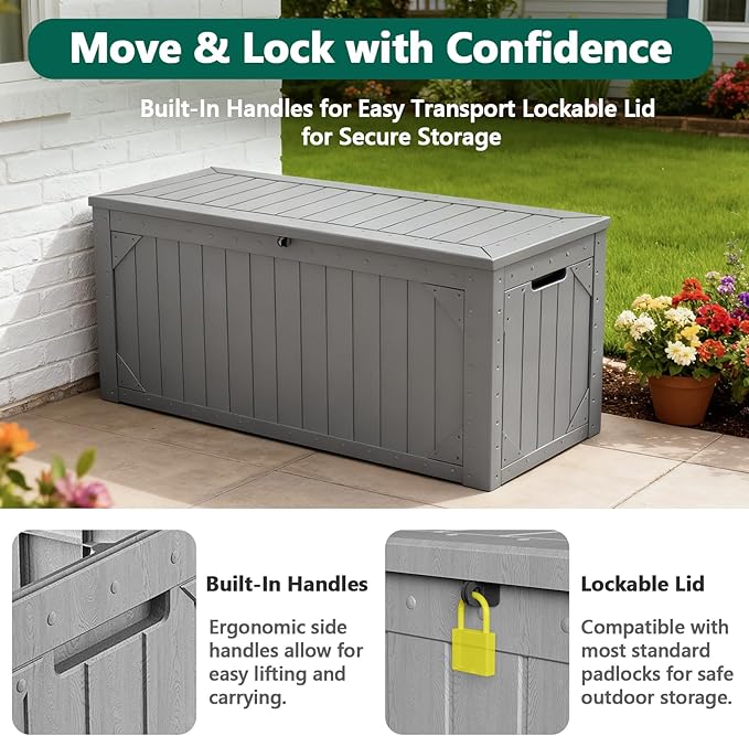 Outdoor Storage Box, 100 Gallon Deck Box Outdoor Storage Bench Outside Waterproof Resin Storage Bench, Lockable Patio Cushions, Garden Tools Storage For Furniture, UV Resistant(Gray)