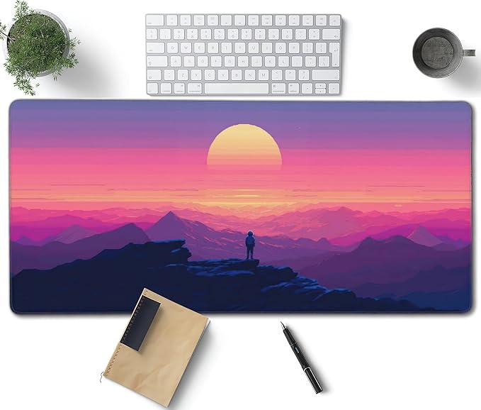 Sunset Mountains Large Mouse Pad, Anime Style Gaming Desk Mat, XXL Keyboard Desk Pad Mat for Desktop, 35.4"x15.7" Non-Slip Base Big Mousepad with Stitched Edges