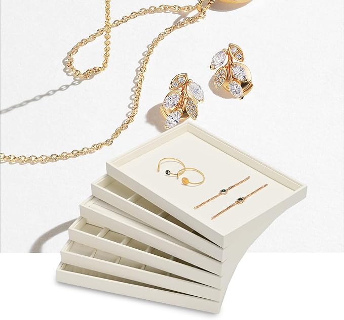 Stackable Beige Jewelry Organizer Tray Premium Microfiber 24 Grid Jewelry Display Trinket Earring Ring Organizer Tray