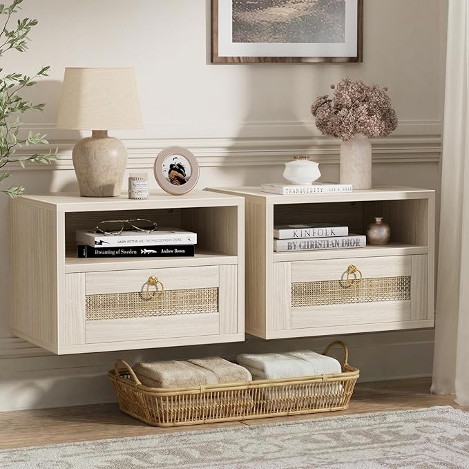 Floating Nightstand Set of 2 with Drawer for Wall Mounted Hanging Rattan Night Stand Bed Side Tables Wooden End Table Small Boho Dressers for Bedroom Farmhouse Shelves with Drawers