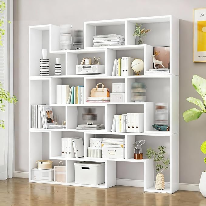 Expandable Bookcase with Adjustable Width,Wooden Room Divider Bookshelf,Standing Display Storage Organizer for Living Room,Study Room or Home Office