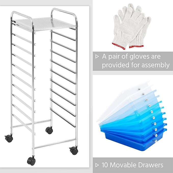Yaheetech Rolling Cart Organizer Plastic Trolley with 10 Storage Drawers Utility Cart on Wheels Art Craft Organizer Ample Storage Space, Blue Gradient