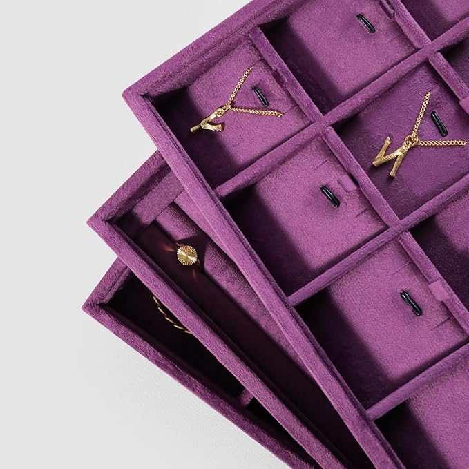 Velvet Necklace Display Tray, Stackable 24 Grid Insert Pendant Necklaces Storage Holder Plate, Jewelry Retail Countertop Organizer (Purple)