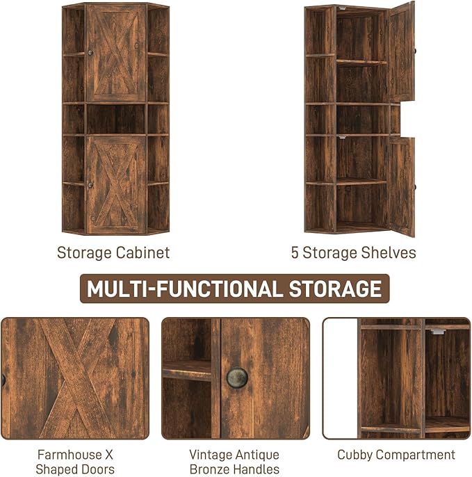 Farmhouse Corner Cabinet, Tall Corner Storage Cabinet with Barn Doors and Adjustable Shelves Wooden Display Bookshelf Pantry Cabinets Organizer Home Furniture for Bathroom, Living Room