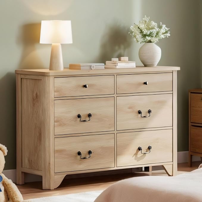 WAMPAT Dresser for Bedroom with 6 Drawers, 47.2" Wide Farmhouse Dressers Chests of Drawers with Curved Profile Design, Wood Closet Organizer for Bedroom, Hallway, Oak