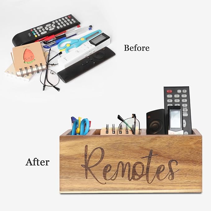 Remote Control Holder Caddy, Acacia Wood TV Remote Holder, Remote Organizer for Table, Vintage Farmhouse Desk Caddy (Brown-for 5+ Remote Controls)