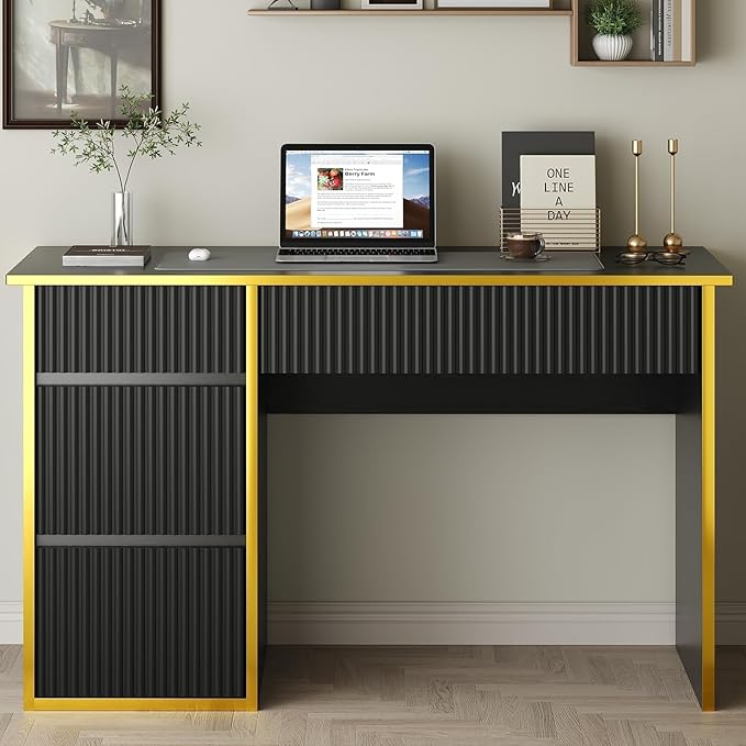 4 EVER WINNER 47'' Computer Desk with Drawers, Small Desk with Drawers File Cabinet, Writing Study Desk for Bedroom, Black Desk