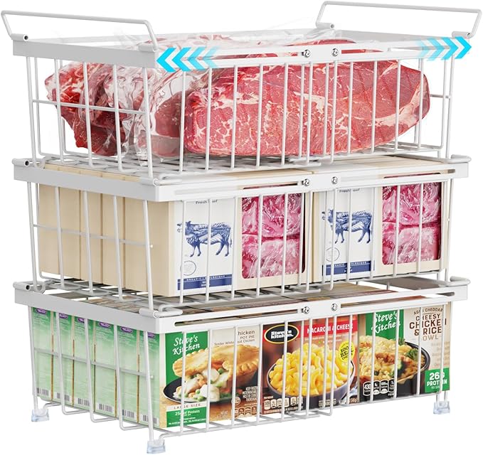 iSPECLE Chest Freezer Organizer - Fit 10 to 20 Cu.FT Freezer, 3 Pack Large Expandable Stackable Deep Freezer Organizer Bins Sort Frozen Food and Easily Get with Handle, Improve Air Circulation,White