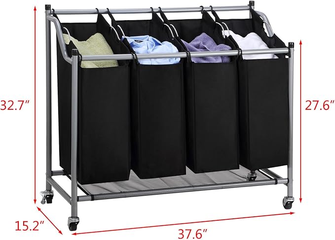 Laundry Sorter Cart 4-Bag Classics Rolling Laundry Hamper, Sturdy Frame with 60KG Weight Capacity, Black