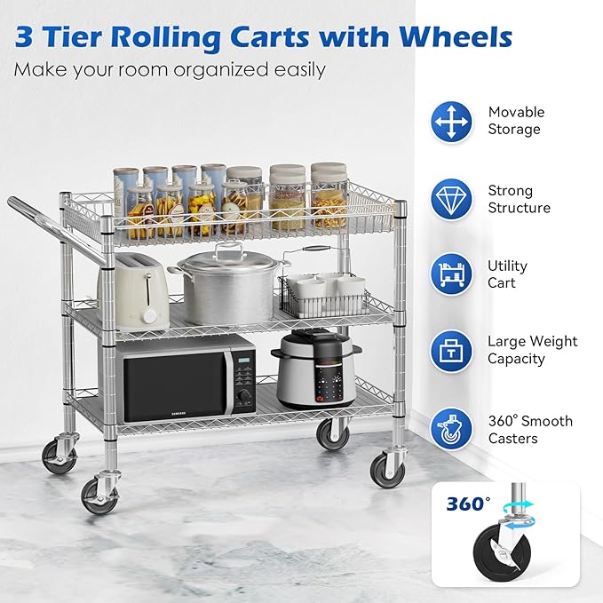 NTE Utility Cart with Wheels, 990lbs Capacity Metal 3 Tier Rolling Carts, NSF Kitchen Carts On Wheels with Storage, Heavy Duty Utility Cart with Handle & Wire Shelf for Indoor & Outdoor Use, Silver