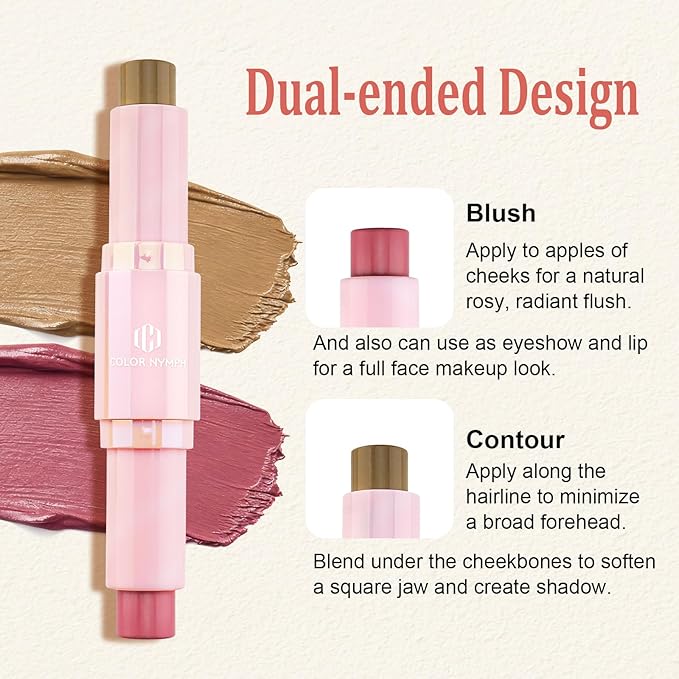 Color Nymph Blush Contour Stick, Cream Blush & Contour Matte Texture Double-end Stick Multiuse Blusher with Butter Bronzer For Cheeks Eyes Lip Vegan & Cruelty-Free - 03# Morocco Plum