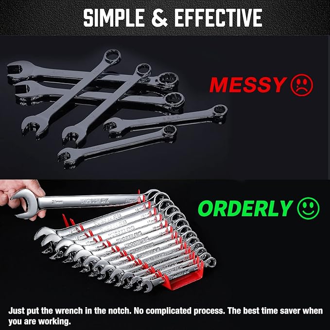 ALOANES 104-Slot Metal Wrench Organizer, Heavy Duty Wrench Organizer Tray for Tool Box, Professional Fit SAE & Metric Wrench Storage, 8 Pack Wrench Holders(Red&Black)