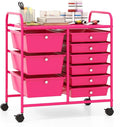 Giantex 9 Drawers Rolling Cart, Classroom Organizers, Storage Cart with Wheels, for Teacher Office Home School Supplies Tool Craft Art Paper, Hot Pink