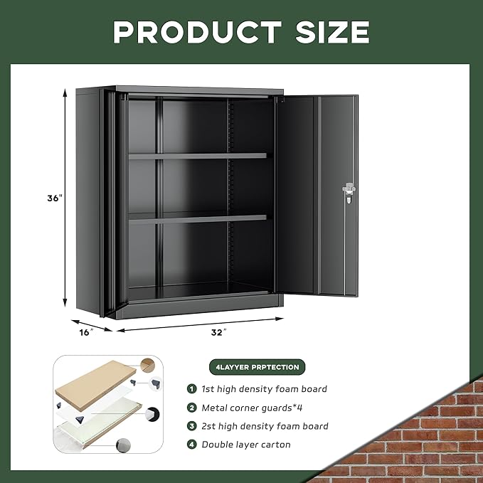 Greenvelly Metal Storage Cabinet, 36" Locking Storage Cabinet with Doors and Shelves, Lockable Storage Cabinets for Home Office, Utility Locker Cabinet, Steel Garage Cabinet with 2 Keys, Black