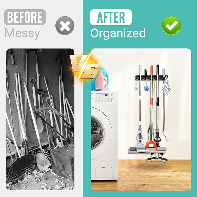 Broom and Mop Holder, Wall Mounted Organizer Mop and Broom Storage Tool Rack with 5 Ball Slots and 6 Hooks (2Pack)