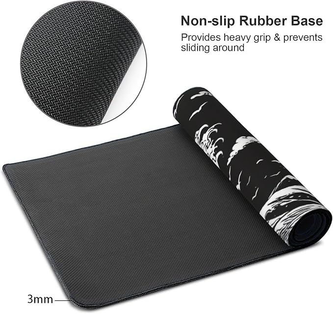 Japanese Sea Wave Large Mouse Pad, Anime Style Gaming Desk Mat, XXL Keyboard Desk Pad Mat for Desktop, 35.4"x15.7" Non-Slip Base Big Mousepad with Stitched Edges
