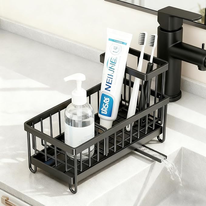 Sponge Holder for Kitchen Sink, Sink Caddy Organizer with High Brush Holder & Auto-Drain Tray, Rustproof Stainless Steel Countertop Storage for Soap Dispenser and Dish Brush, Fast Local Shipping