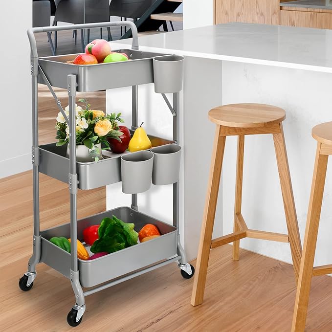 Foldable 3 Tier Metal Utility Rolling Cart, Folding Mobile Multi-Function Storage Trolley Organizer Cart for Home Library Office(Grey)