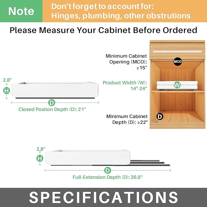 Pull out Cabinet Organizer, Wider Expandable(14"-24") Heavy Duty Slide out Drawers Fixed with Adhesive Nano Film for Pots, Roll out Shelf Storage for Kitchen Cabinet Organization(White-2pcs)(3 Rails)