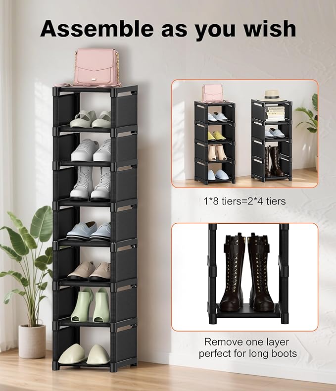 8-Tier Shoe Rack Organizer,Vertical Narrow Space Saving Storage Metal Free Standing Corner Shelf for Closet Entryway Bedroom Garage