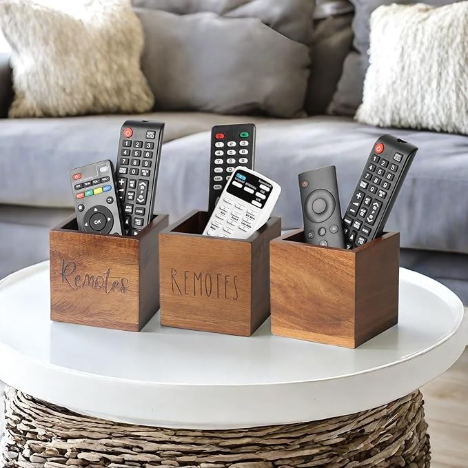 Acacia Wood TV Remote Holder, Caddy and Organizer for Table, Vintage Farmhouse Desk Caddy (Brown for 2 or 3 Remote Controls)