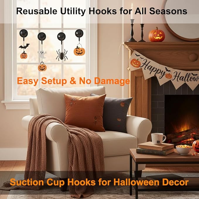 Suction Cup Hooks, Powerful Vacuum Wreath Hangers for Glass Door or Window, Set of 4, Black